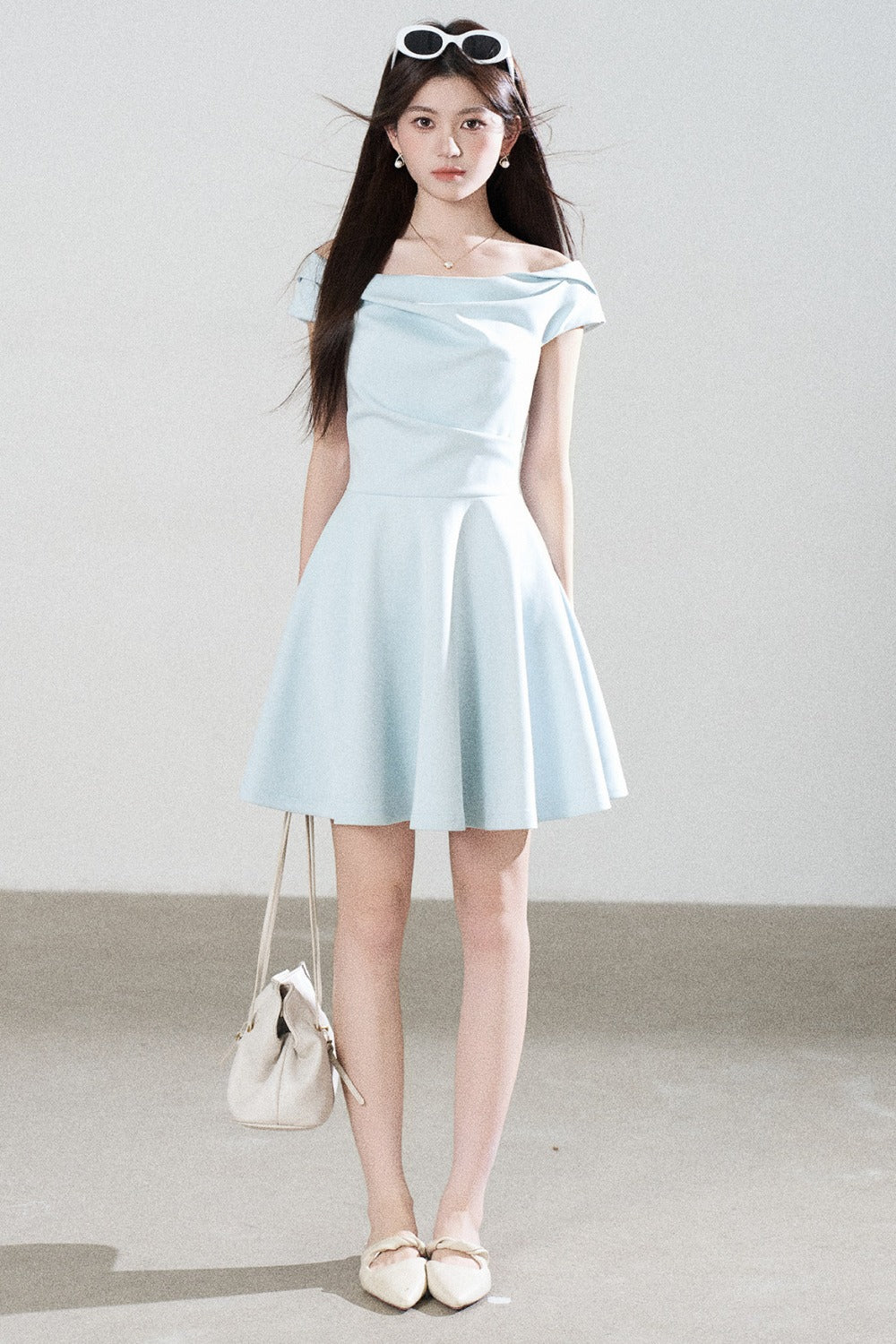 Lake Green Tencel Off-Shoulder A-Line Dress