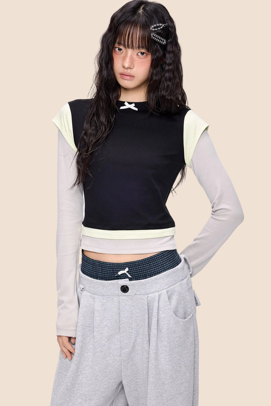 Color-Blocked Bow Long-Sleeve T-shirt