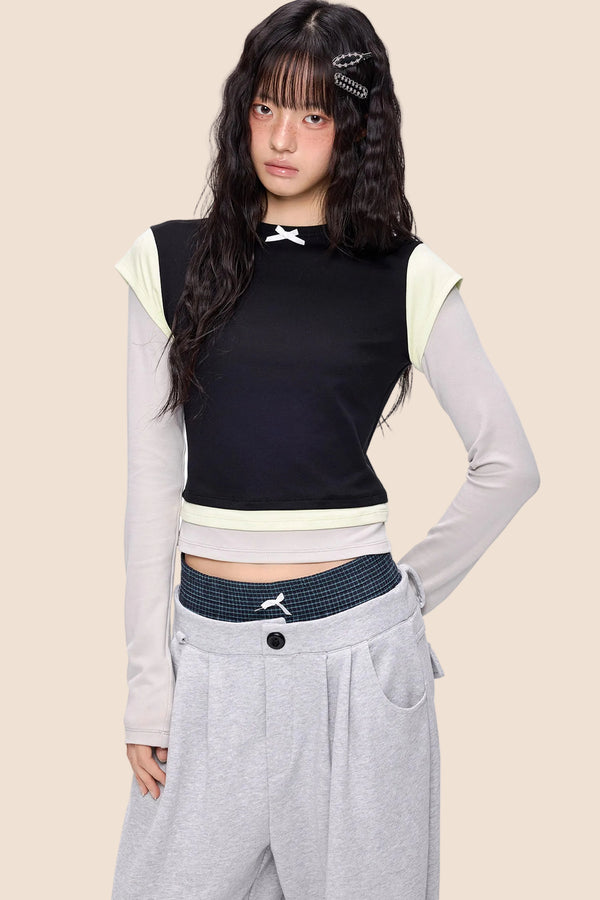Color-Blocked Bow Long-Sleeve T-shirt