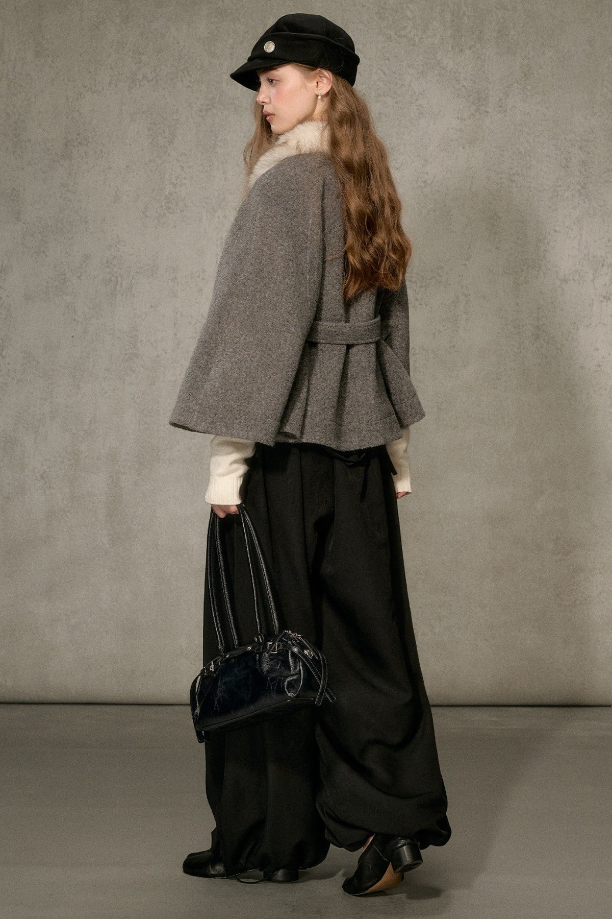 Floral Fur Collar Woolen Cape