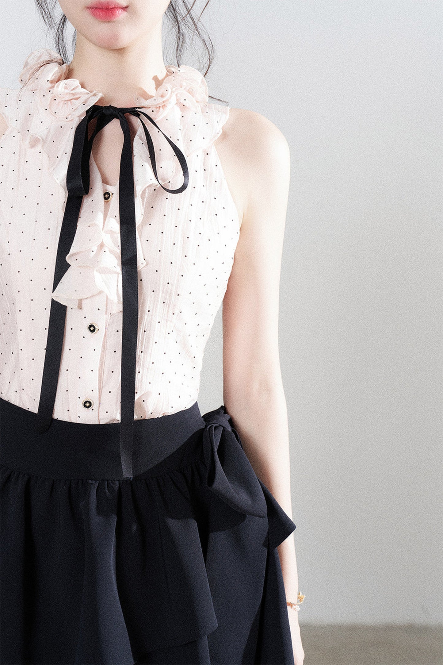 Pink Polka Dot Halter Neck Tencel Shirt and Skirt Set