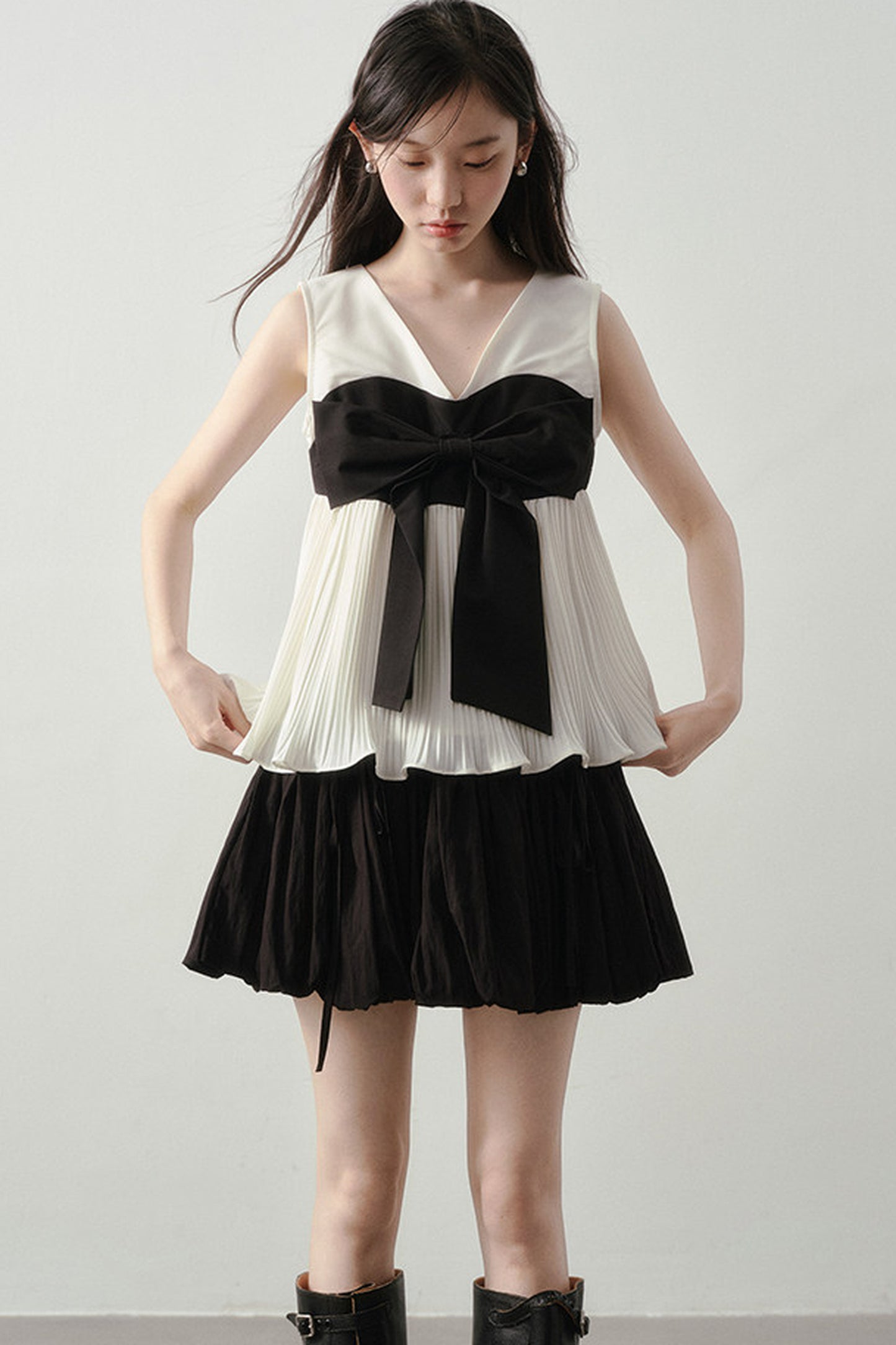 Color-Blocked Ribbon Babydoll Top