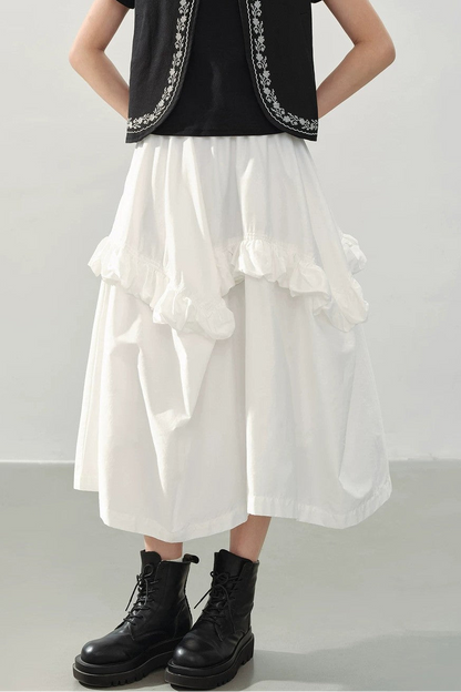 White High Waist Ruffle Midi Skirt