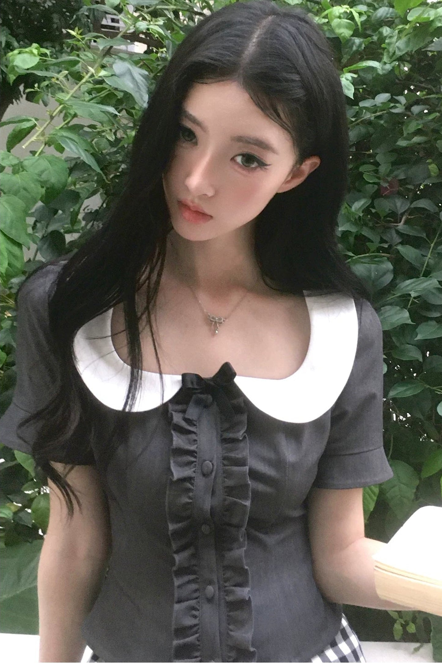 블랙 체크 러플 피터팬 칼라 셋업
