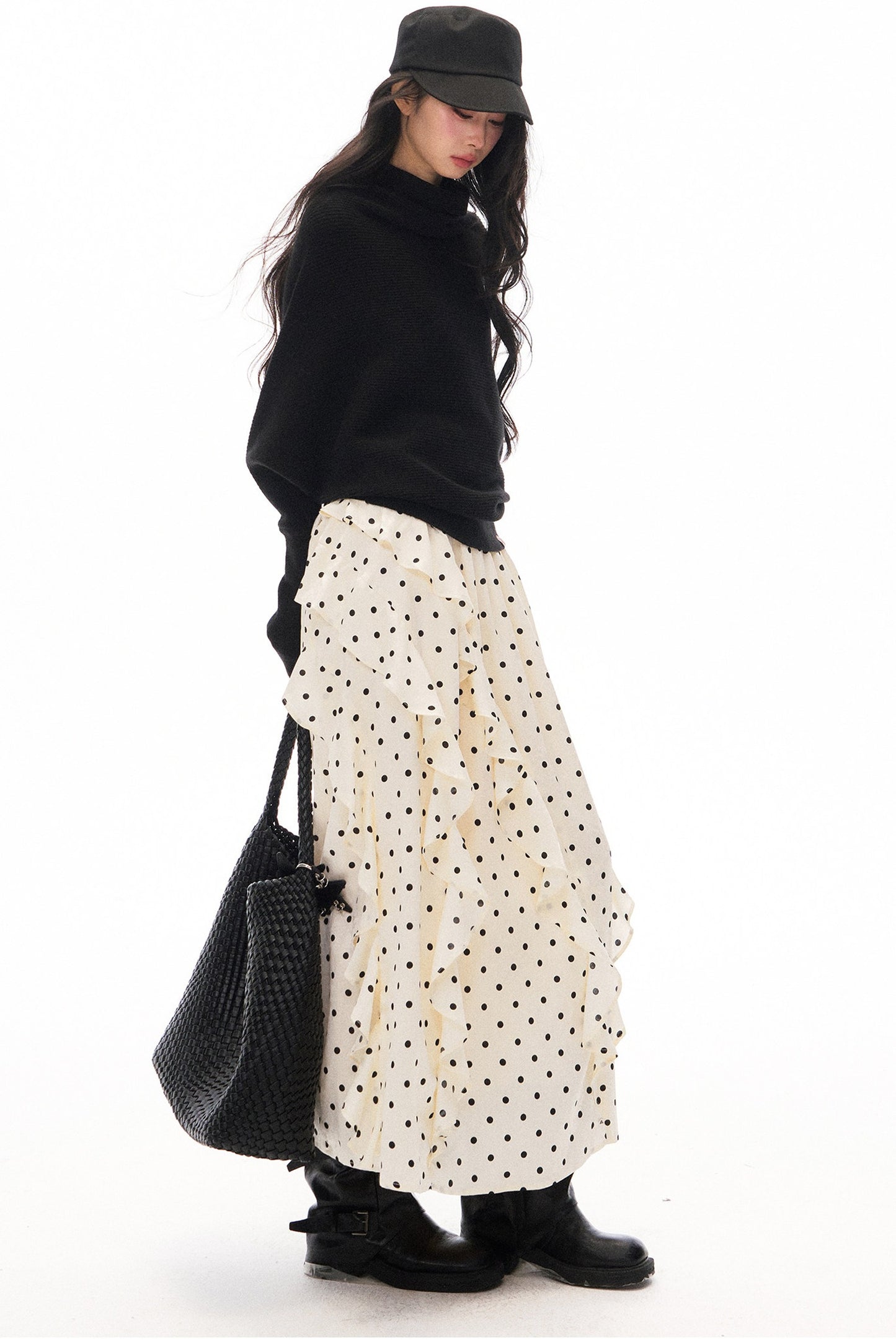 Batwing Knit Top and Polka Long Skirt Set-Up