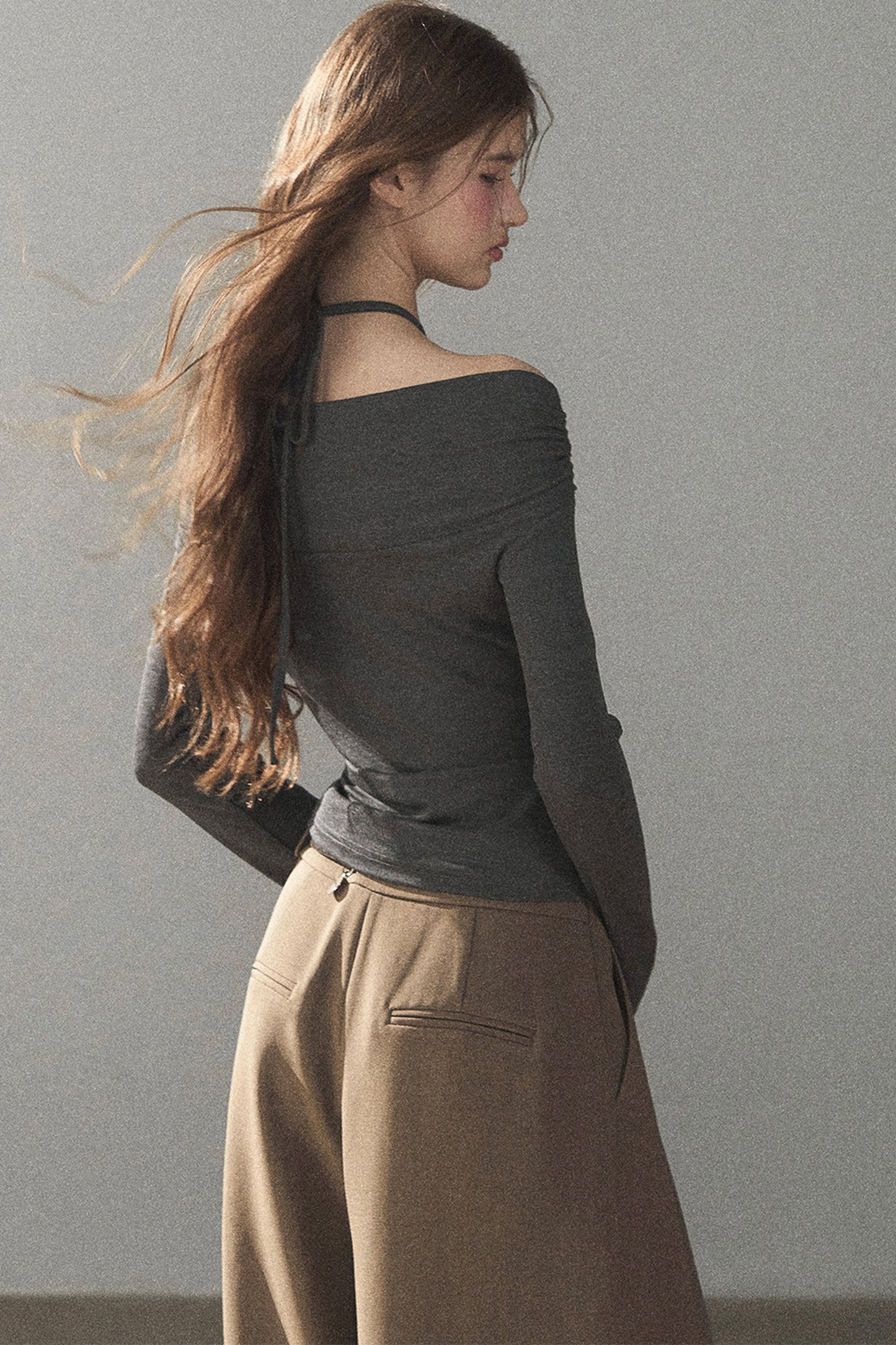 One-Shoulder Long-Sleeve Halter Blouse