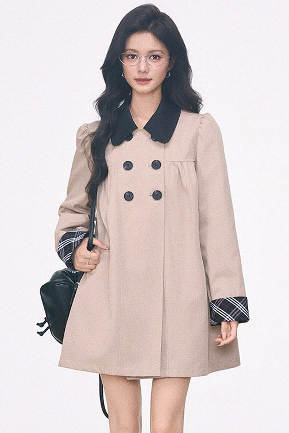 Plaid Trim Mid-Length Windbreaker Jacket