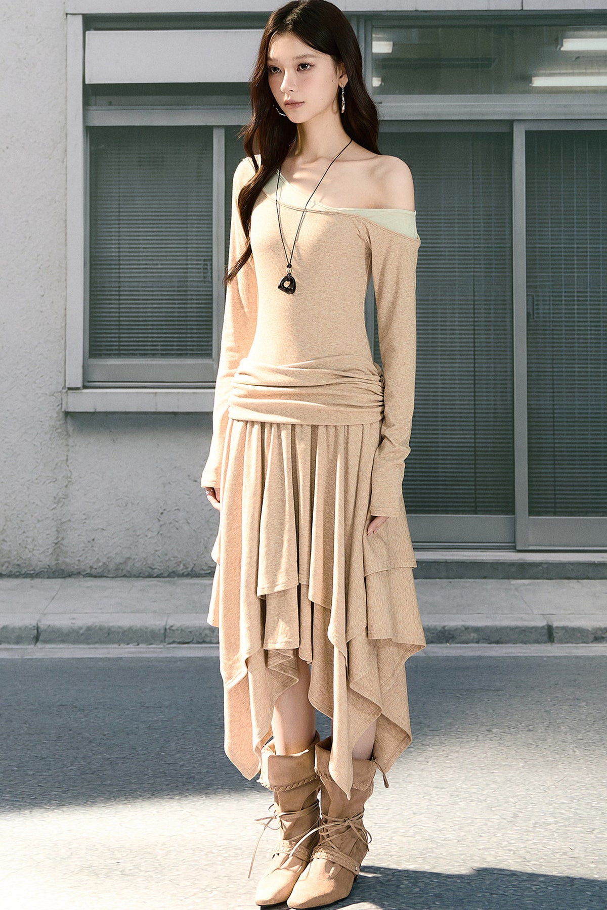 Long-Sleeved Asymmetrical Knitted Dress