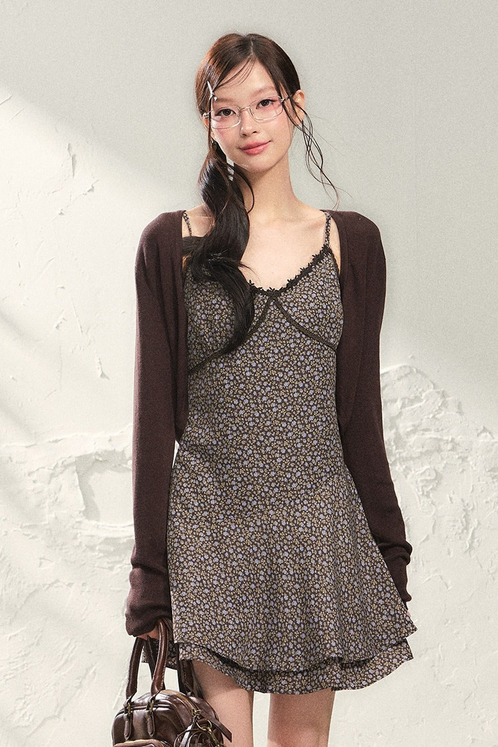 Long Sleeve Short Knitted Cardigan and Suspender Dress Set-Up