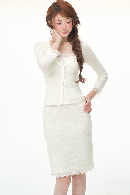 Tencel-Woll-Spitzen-Strickjacken- und Rock-Set