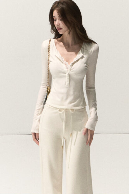 Lyocell Wool Lace Polo Knit Top