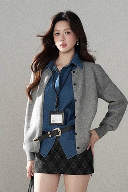 Layered-Look Denim Collar Sweater