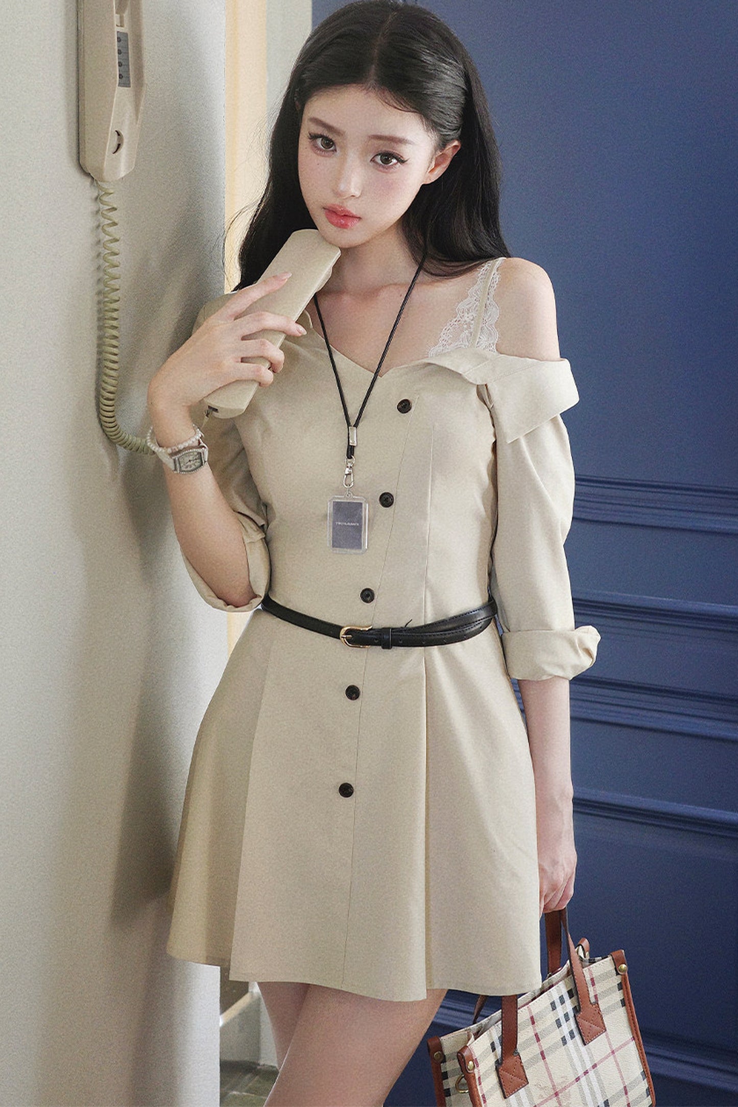 Layered-Look Long-Sleeve Turn-Down Collar Dress