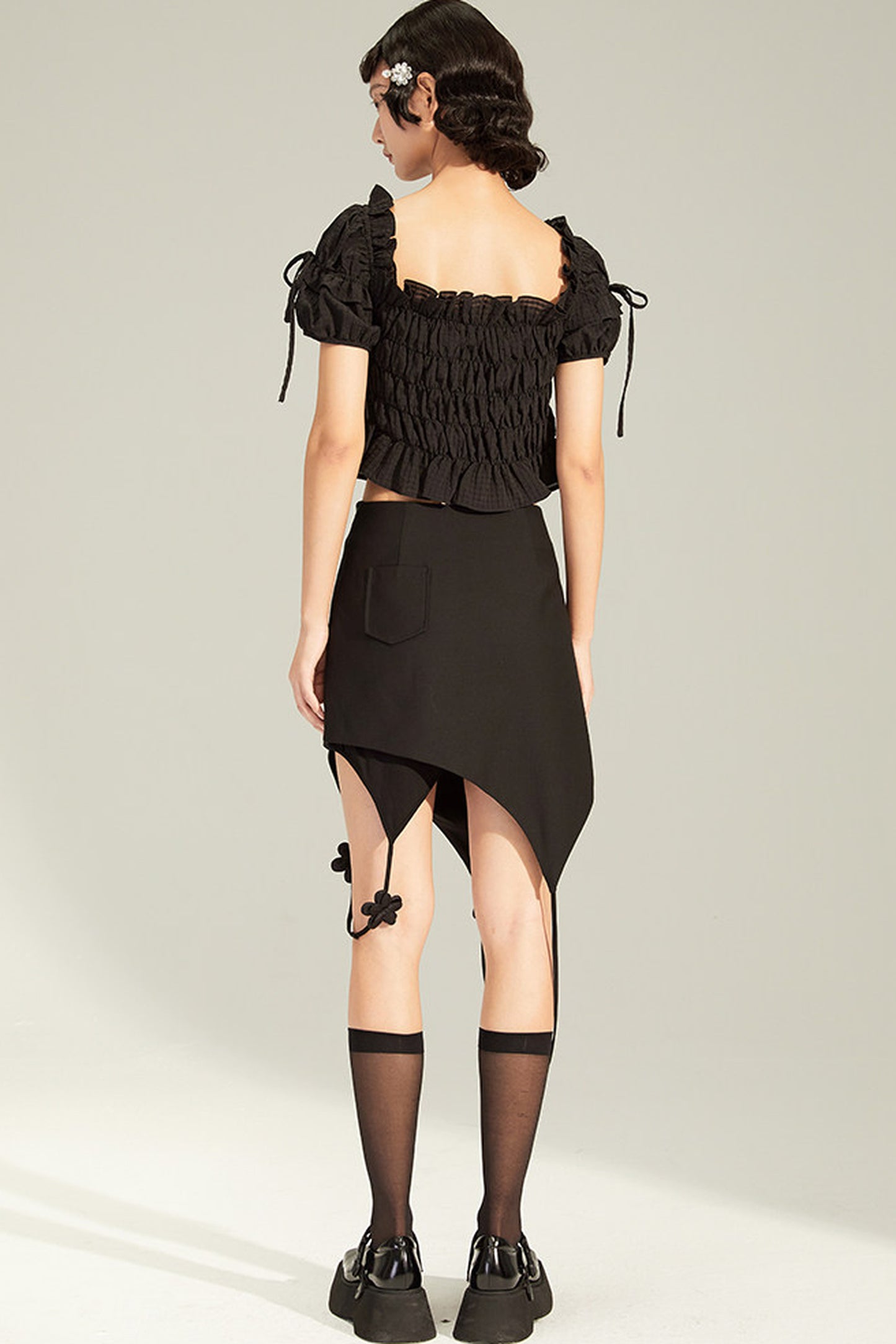 French-Style Black Ruffled Smocked Blouse