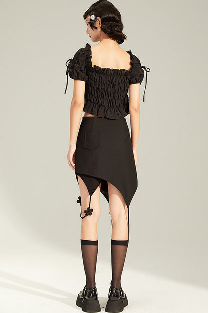 French-Style Black Ruffled Smocked Blouse