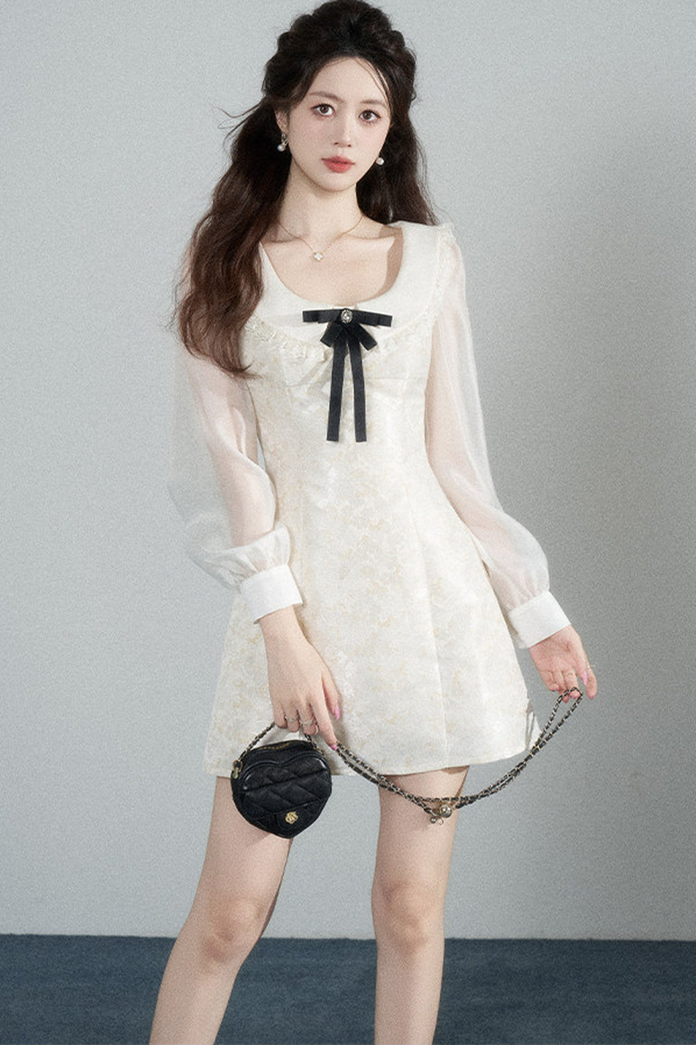 Waist-Cinching A-Line Jacquard Long-Sleeve Dress