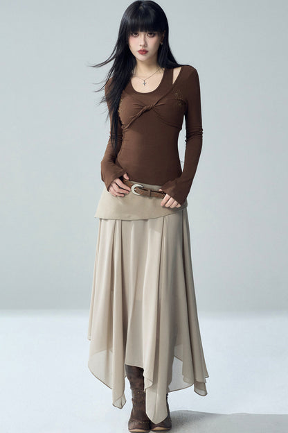 Khaki Irregular Tulle Skirt