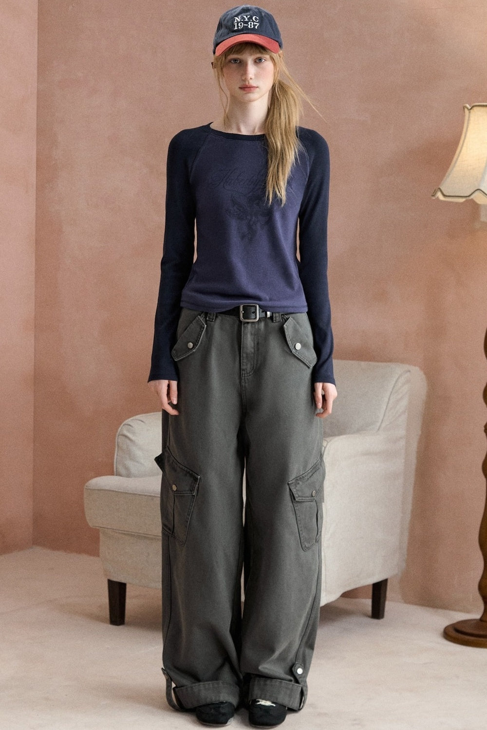 Gray Green Cargo Wide-Leg Pants