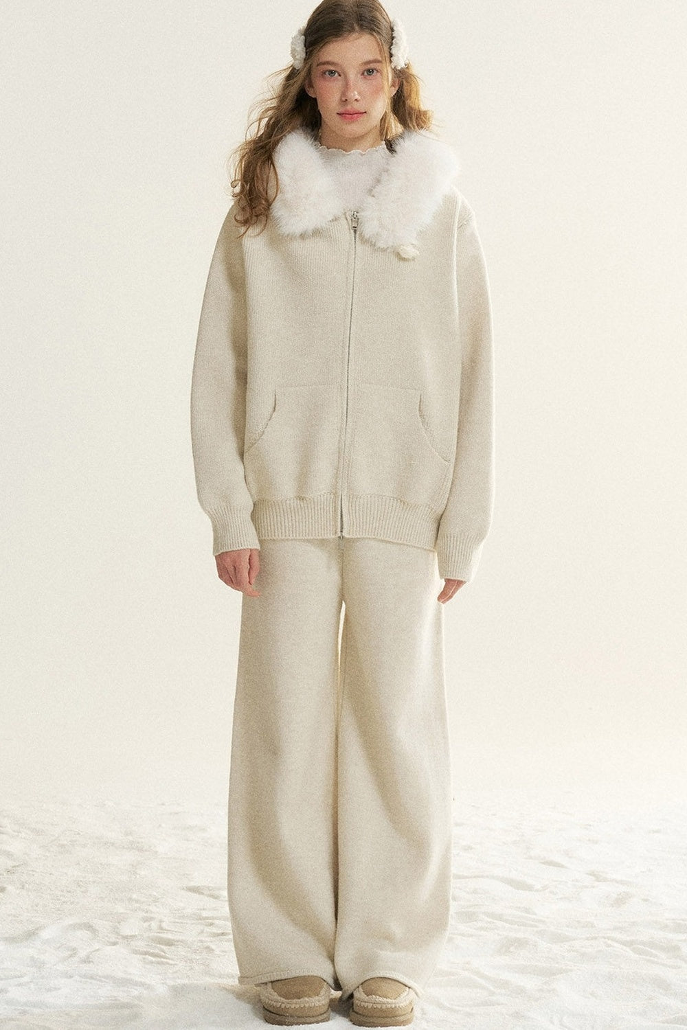 Detachable Fur Collar Hooded Jacket and Wide-Leg Pants Set-Up