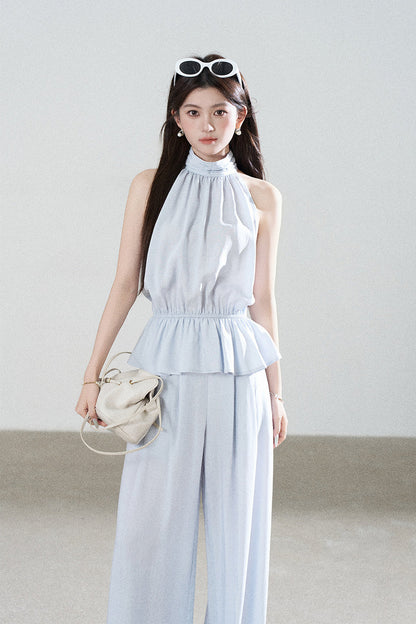 Blue Tencel Halter Shirt and Wide-Leg Pants Set