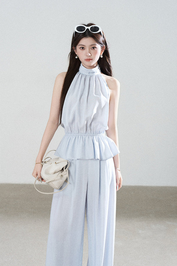 Blue Tencel Halter Shirt and Wide-Leg Pants Set