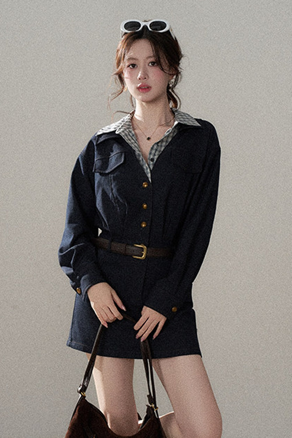 Robe trapèze taille haute à manches longues
