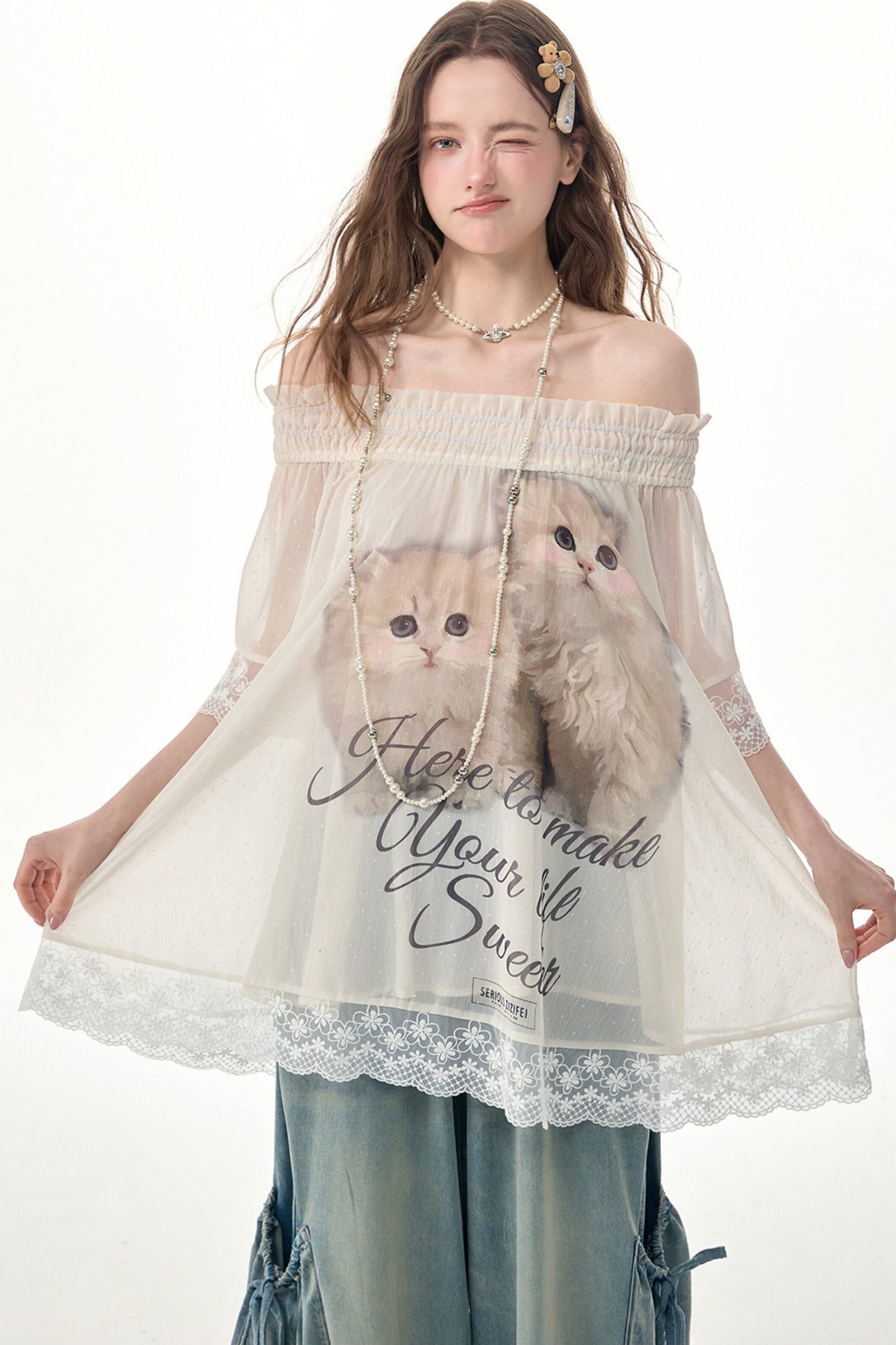 Cat Print Off-Shoulder Lace Trim Top