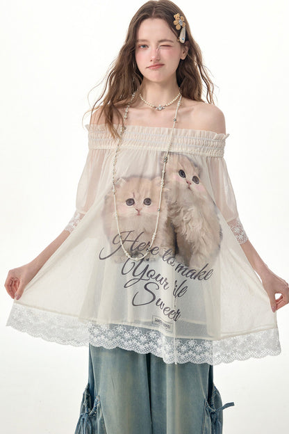 Cat Print Off-Shoulder Lace Trim Top