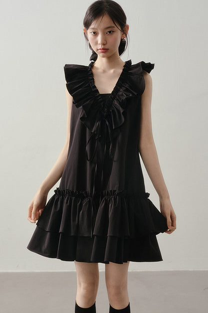 Ruffle V-Neck Tie Sleeveless Black Dress