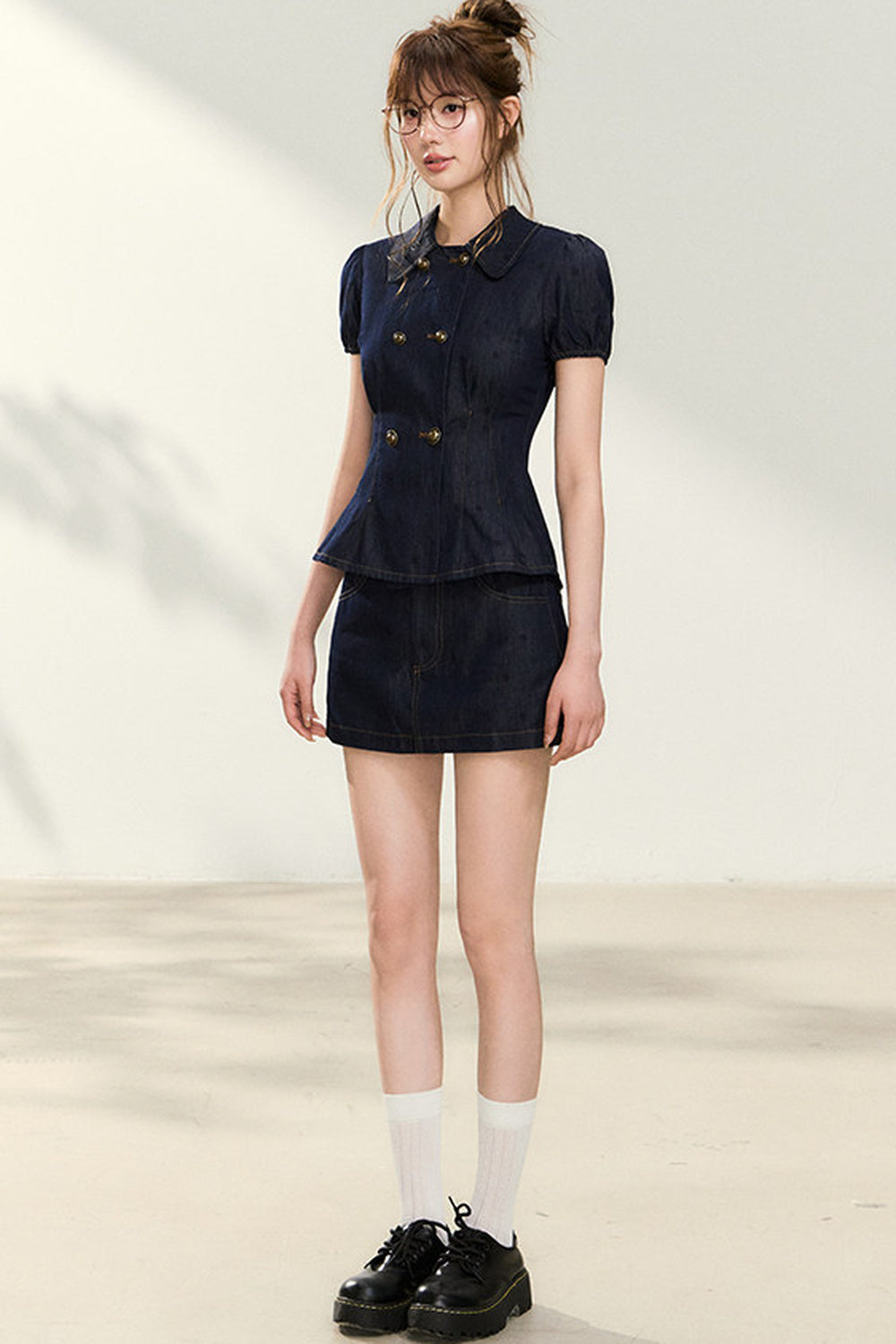 Denim Short-Sleeved Top and A-Line Skirt Set
