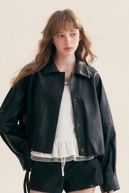 Pleated Drop Shoulder Pu Leather Jacket
