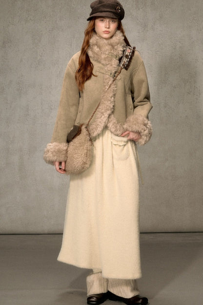 Oatmeal Chocolate Fur Trim Asymmetrical Jacket