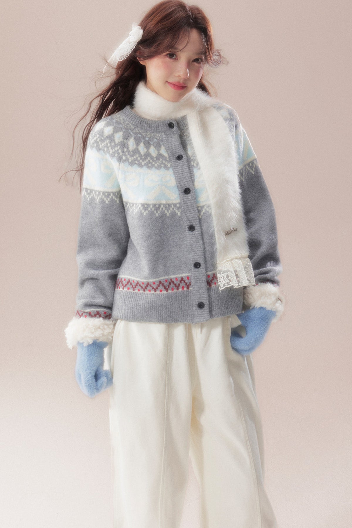 Bowknot Fair Isle Sweater Cardigan