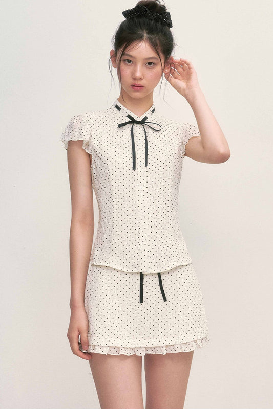 Polka Dot Tie Neck Short-Sleeved Shirt and Skirt Set-Up