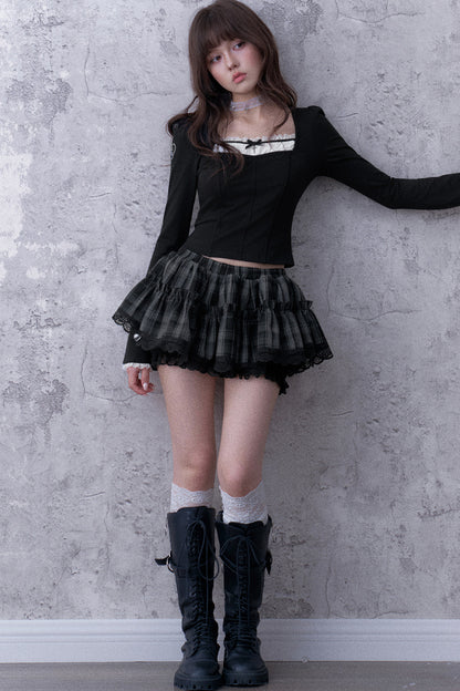 Three-Layer Gray Black Plaid Puffy Skirt