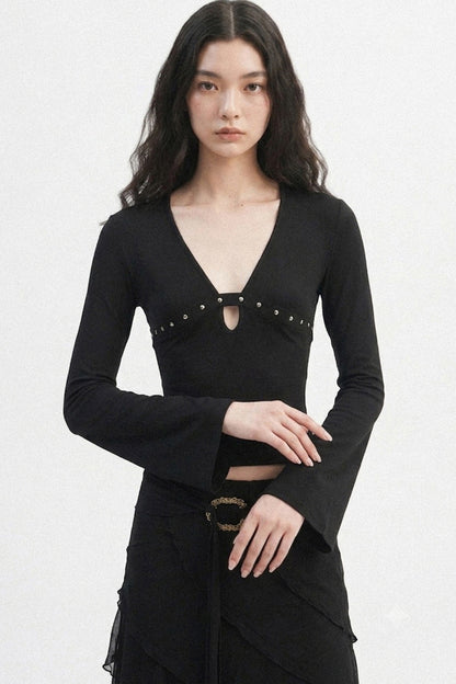 V-Neck Hollow-Out Long-Sleeve Top