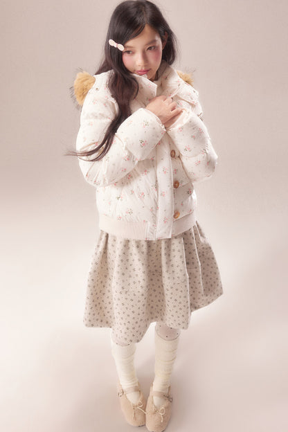 Floral Fur Collar Hooded Toggle Jacket