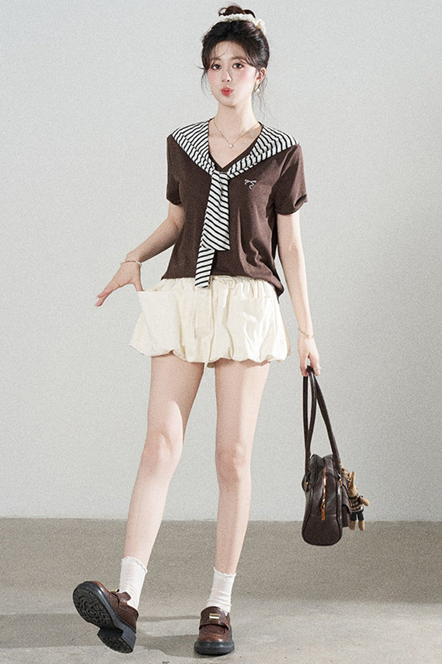 Loose Short-Sleeved Striped Shawl T-Shirt and Denim Skirt Set-Up