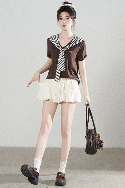 Loose Short-Sleeved Striped Shawl T-Shirt and Denim Skirt Set-Up