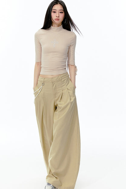 Detachable Pearl Chain Wide-Leg Pants