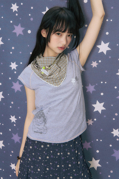 Starwii Printed Asymmetrical Shoulder Frayed Neckline T-Shirt