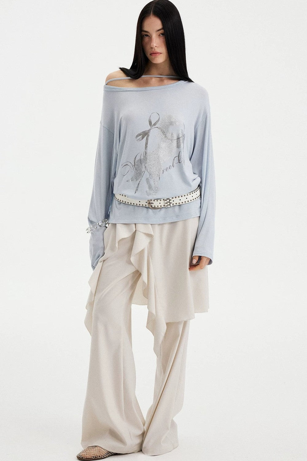 Top con strass effetto distressed con spalle scoperte