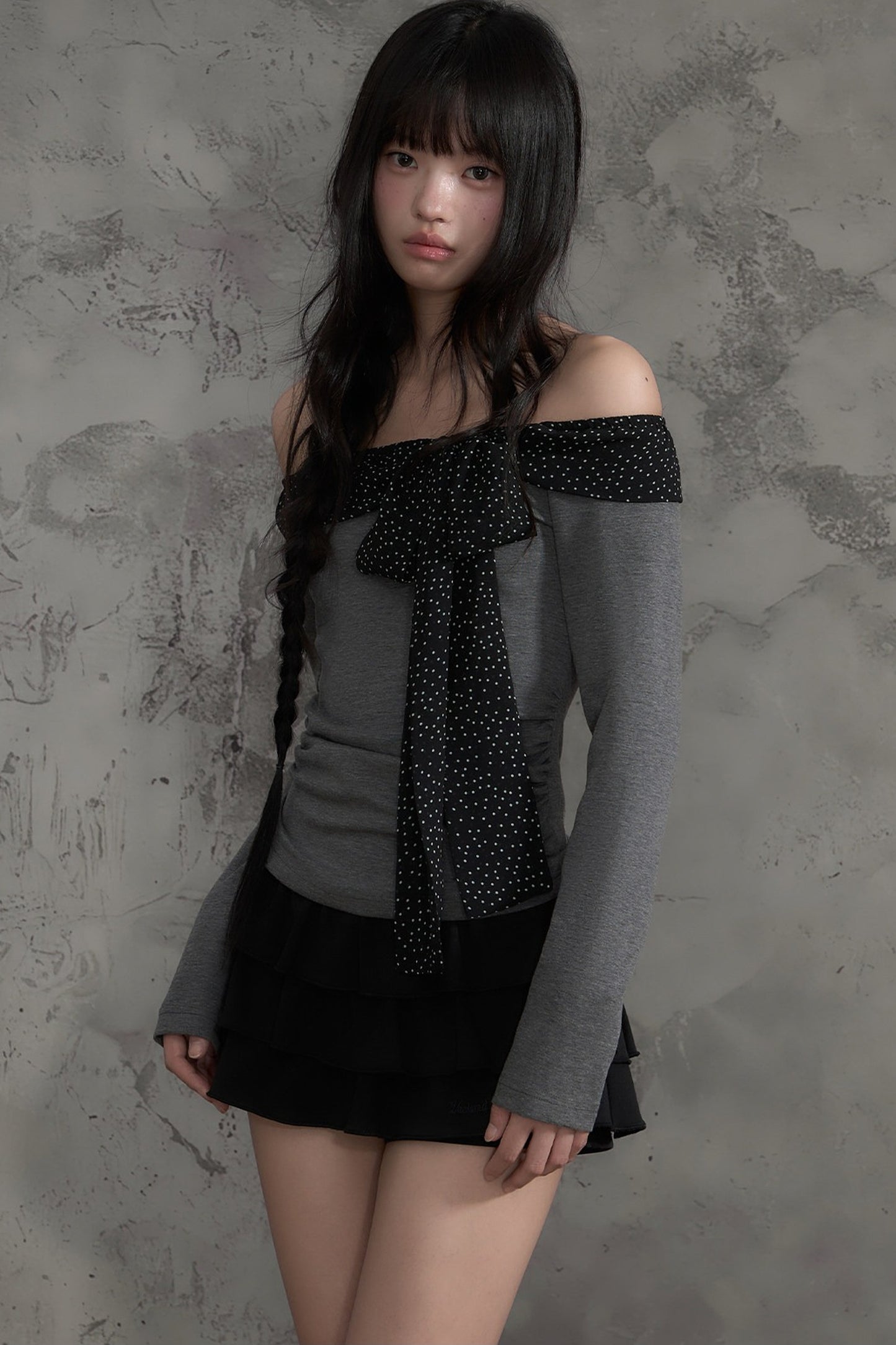 Polka Dot Off-Shoulder Ribbon Tie Top and Skirt Set