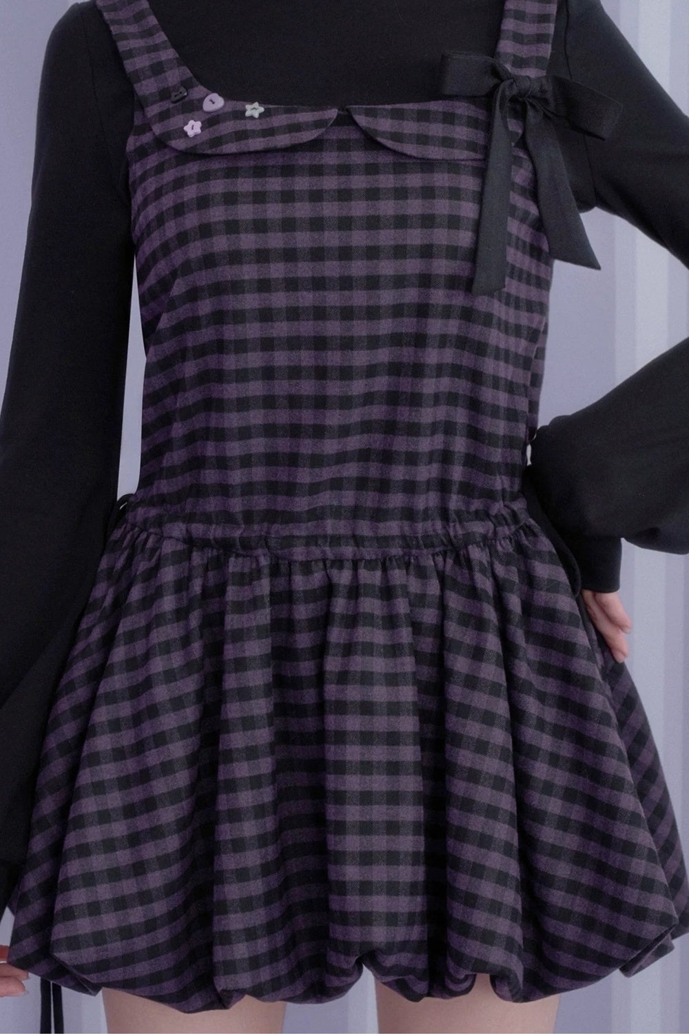 Layered-Look Plaid Long Sleeve Dress