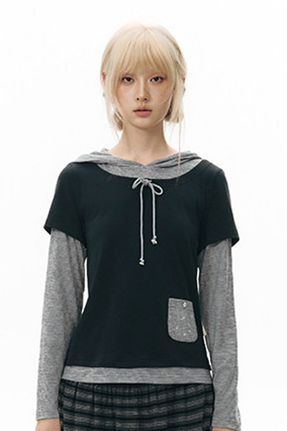 Layered-Look Hooded Long-Sleeve Top