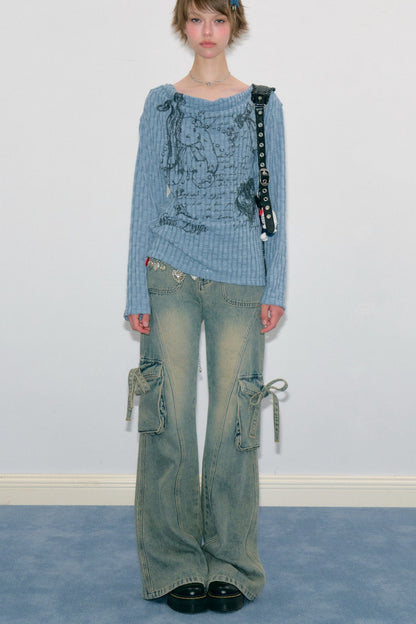 Blusa in maglia con graffiti di conigli