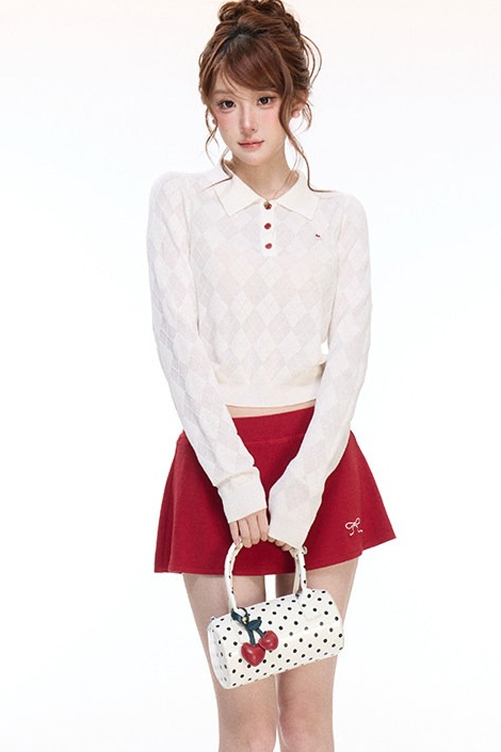 Cherry Polo Knit Top and Embroidered Knit Skirt Set-Up