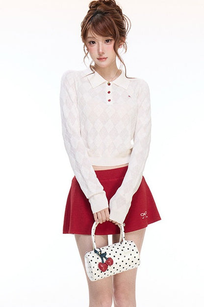 Cherry Polo Knit Top and Embroidered Knit Skirt Set-Up