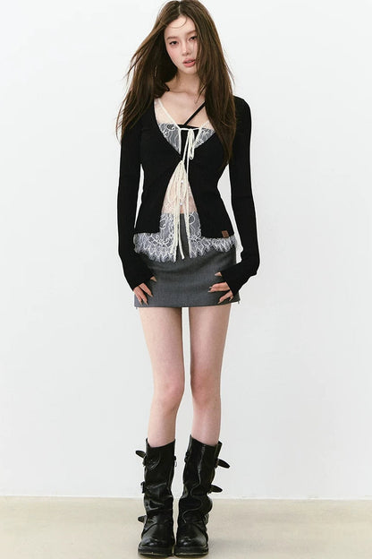 Lace Splicing Woolen Cardigan Top
