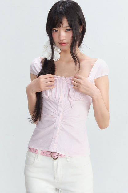 Pink Pleated Square-Neck Shirt and White Pants Set